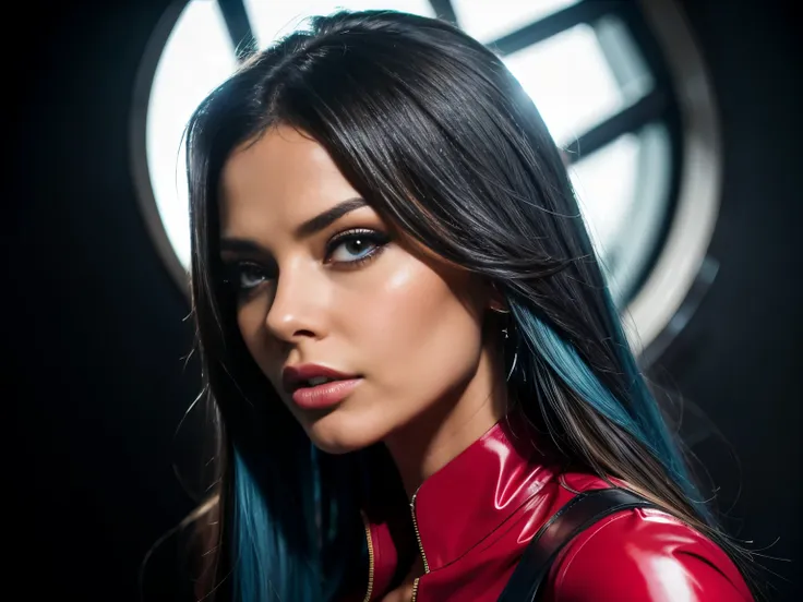 beautiful woman looking down at viewer (cheryl cole),a woman looking like adriana lima, margot robbie, and megan fox,latex blous...