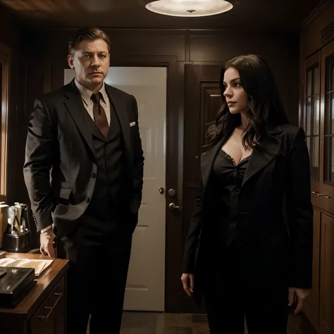 Make a realistic picture of Jim Gordon and Lee Thompkins from Gotham living a good life in there new house