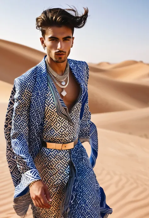 photo of sexy young man, [arab: swedish: 0.60], walking in the desert, wearing designer clothes and accessories, windswept 