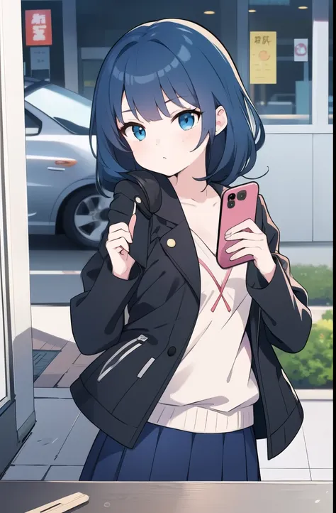 anime girl with blue hair and a black jacket holding a cell phone, an anime girl, cute girl anime visual, anime moe art style, young anime girl, anime girl, artwork in the style of Gweiz, cute anime girl, girls front line style, beautiful anime high school...