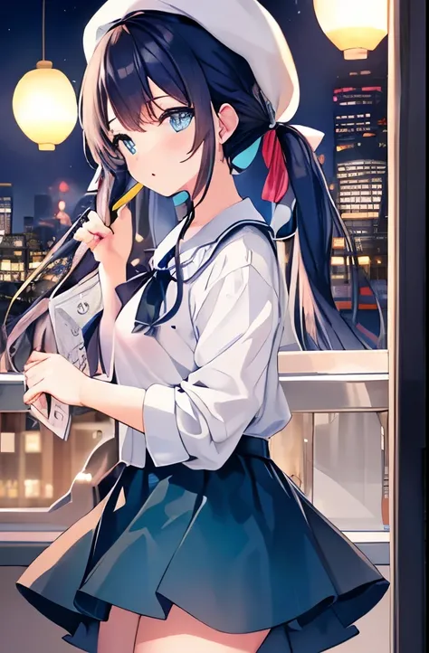 dark blue hair、masterpiece、best image quality、超A high resolution、miku hatsune、blue hair、twin tails、blush、mock、Open your mouth just a little、casual clothes、casual miniskirt、woman wearing a beret、Skyscraper、Japan、at night