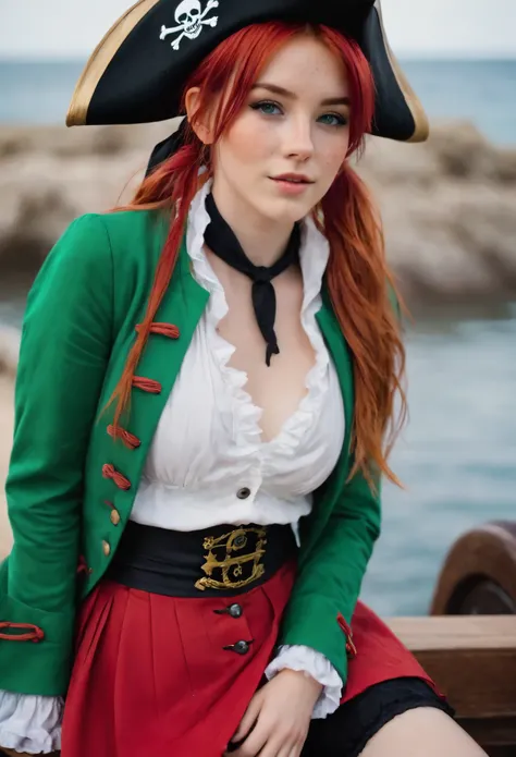 ((best quality)), ((detailed)),(masterpiece), ((cute perfect face, young 18 years old girl, skinny legs, skinny thighs, skinny waist:1.1)), ((red hair), (freckles:0.9), green eyes, ponytail red hair), pirate cosplay