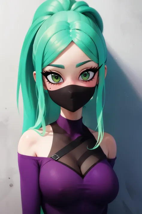 (masterpiece, best quality), PolarVY, light aqua hair, green eyes, long hair, sidelocks, bangs under eyes, ponytail, mouth mask, line on the mask bare shoulders, (purple shirt:1.3), (cleavege:1.2), (portrait shot, upper body), looking at viewer