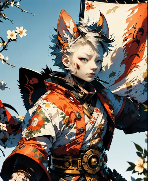 32K UHD QUALITY RESOLUTION, white rabbit, samurai warrior, highly detailed samurai battle armor and sashimono war flag, dynamic battle pose, blood splattered, cherry blossoms blowing in the wind, post apocalyptic feudal Japan background 