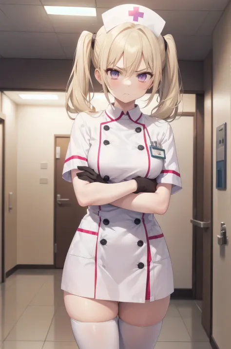 1girl, solo, nurse, nurse cap, white nurse uniform, ((white legwear, zettai ryouiki)), white gloves, twintails, yellow hair, purple eyes, angry, crossed arms, standing, ((hospital room)), sharp outline, short sleeves, best quality, masterpiece