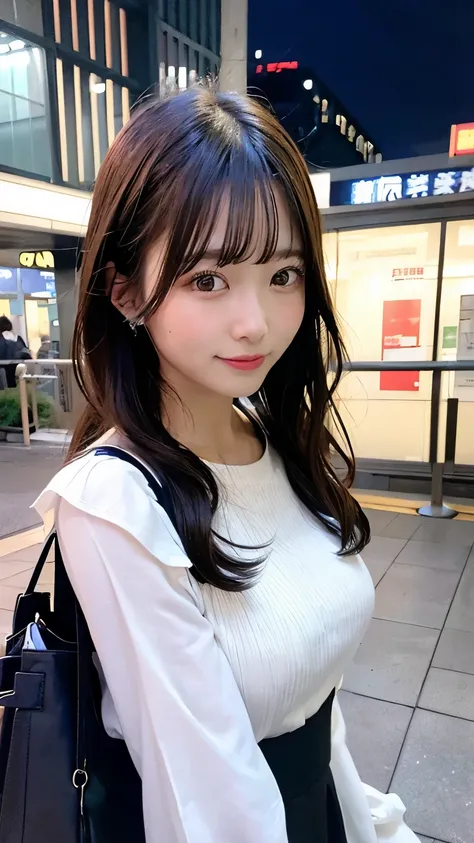 (highest quality,High resolution,super detailed,realistic:1.2) 混雑したstation platform, eye level perspective, night time、cold night、lively atmosphere、station platform、There are no trains, waiting for the train、young woman、black hair medium long、after work、sa...