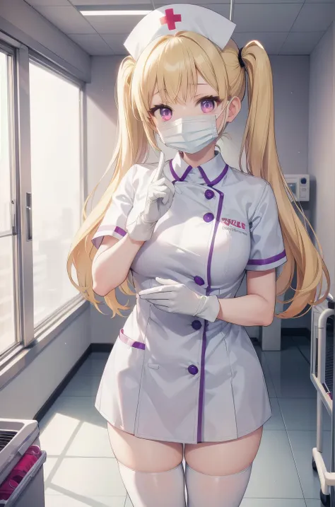 1girl, solo, nurse, nurse cap, white nurse uniform, ((white legwear, zettai ryouiki)), white gloves, twintails, yellow hair, purple eyes, ((white surgical mask, covered nose)), standing, ((hospital room)), sharp outline, short sleeves, best quality, master...