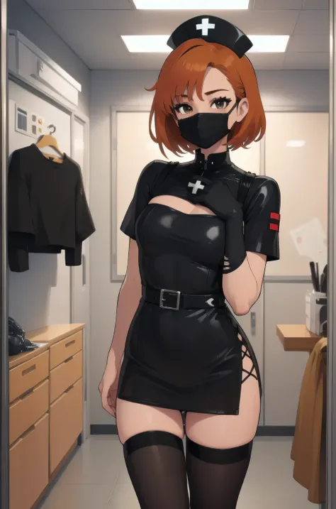 black nurse, 1girl, solo, black nurse cap, black nurse uniform, ((black legwear, zettai ryouiki)), black elbow gloves, very short hair, orange hair, ((black surgical mask, covered nose)), standing, ((surgery room)), sharp outline, short sleeves, tomboy, bo...