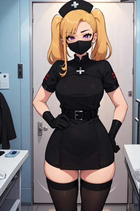 black nurse, 1girl, solo, black nurse cap, black nurse uniform, ((black legwear, zettai ryouiki)), black elbow gloves, twintails, yellow hair, purple eyes, ((black surgical mask, covered nose)), standing, ((surgery room)), sharp outline, short sleeves, bes...