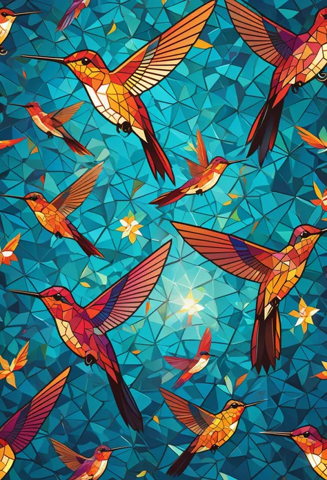 vector design，Focus on hummingbirds，Use bright geometric patterns，illuminated by sunlight，Create a glorious mosaic pattern。