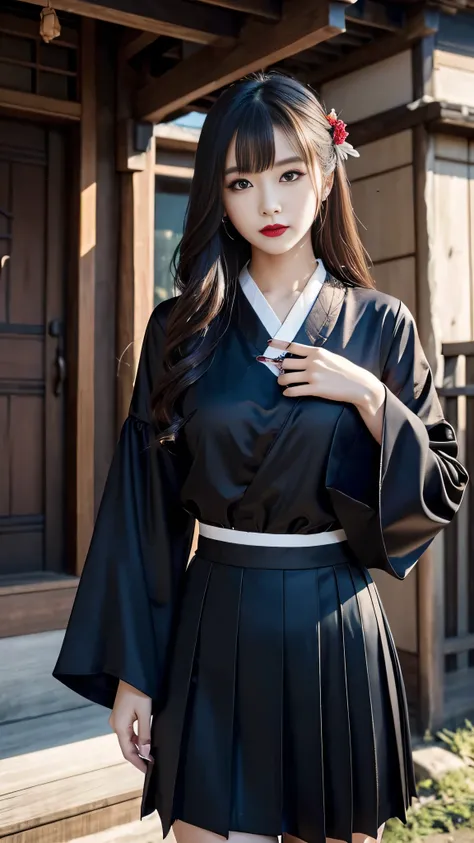 detailed、Japanese、charming beauty、seductive adult woman、Beautiful woman、sharp eyes、cool girl、wavy hair、shrine maiden costume、wide sleeve、black skirt、evilの幹部、evil depravity、brainwashing、Mind control、apply lipstick、grin、evilな表情、evil、empty eyes、evil、dilapidat...