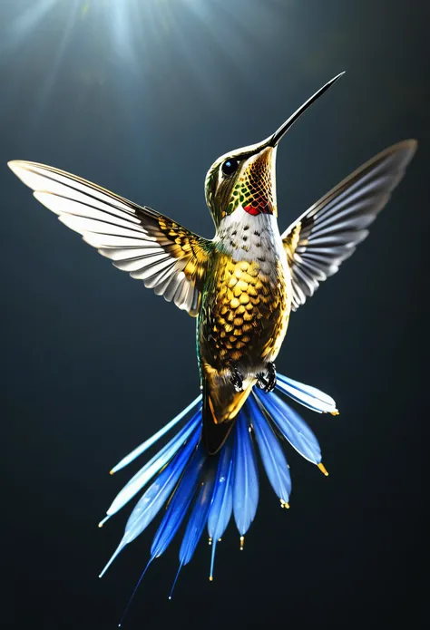 (best quality,4k,8k,highres,masterpiece:1.2),ultra-detailed,(realistic,photorealistic,photo-realistic:1.37),liquid metal technique,artwork,digital art,indication of hummingbird in flight,(silver texture,gold texture),flowing patterns,merging,reflection of ...