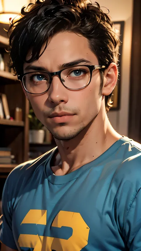 ((HD photo)), masterpiece, best quality, Hyper realistic, hires:1.4, 8k, portrait, headshot, man / Damon alarm/ 30 years old, looking at camera, standing, skinny, underweight, short curly hair, acne, nerd glasses, band t shirt, greasy, dark bedroom, poorly...