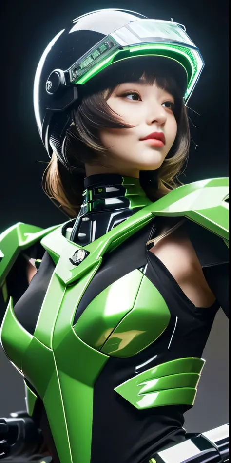 best image quality, excellent details, ultra high resolution, (realism: 1.4), best illustrations, Favor details, condensed 1girl, With a delicate and beautiful face, Dressed in a black and green mecha, wearing a mechanical helmet, with directional controll...