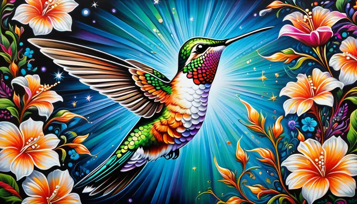 elaborate hummingbird illustration, extreme fine detail brush work, intricate detail psychedelic graffiti like, solo hummingbird...