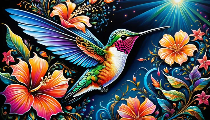 elaborate hummingbird illustration, extreme fine detail brush work, intricate detail psychedelic graffiti like, solo hummingbird...