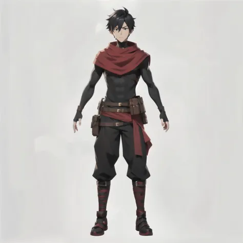 anime character with a red cape and a black outfit, full body character concept art, full body concept, full body concept art, ( ( character concept art ) ), full body character design, full body character concept, male anime character, detailed full body ...