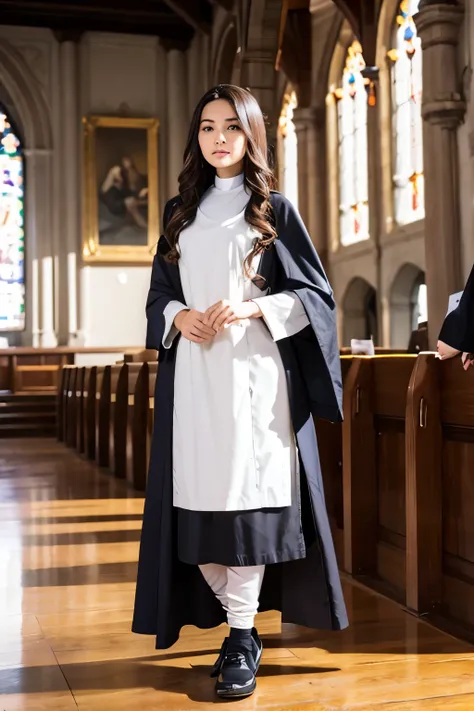 1 woman, 20 years old, long wavy brown hair, brown eyes, full body, height, 1.70 meters, age, 20 years old, nuns clothes, in the church, 4k image quality