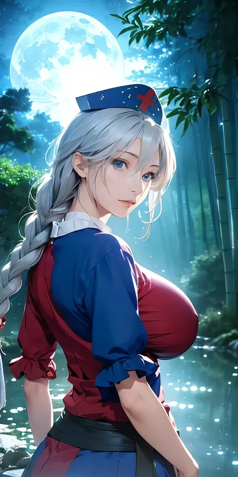 (masterpiece, best quality:1.3), (upper body:1.3), Yagokoro Eirin, Touhou Series, perfect face, expressive eyes, 1woman, looking at viewer, 38 years old, gorgeous body, big breast, beautiful, anime, lora,1woman, silver hair, braid hair, nurse cap, red and ...