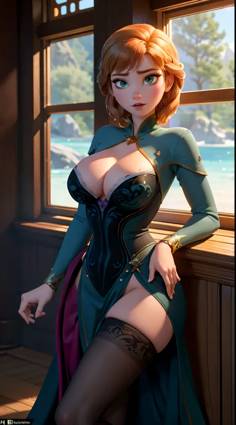 Anna of Arendelle, Anna from Disney Frozen movie, tall and sexy, superb face, perfect body, provocative lingerie, Nice, show breasts, huge breasts, tall, sexy legs, bursting huge breasts, wide hips, busty, sexy, enormous breasts, happy.