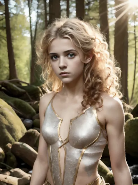 (Realistic:1.4), 18 years old elf archer in the forest, pale curly disheveled hair, delicate features of a thin face, cute sexy, Fantasy style , 8K, proffesional photography, Hi-Def, lifelike skin, Without cosmetics, Incredibly fair skin, background of the...