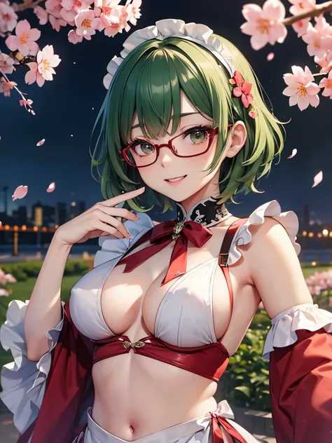 highest quality,wonderful,masterpiece,delicate,ultra high resolution,Super detailed,intricate details,beautiful,8K resolution,(Highly detailed CG Unity 8k wallpaper),sharp focus、Dark green hair、short hair、red glasses、big breasts、underboob、vivid hair、Shaggy...