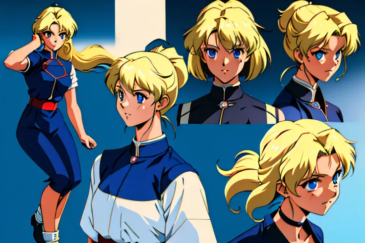 pose model sheet, blonde, blue eyes, hero pose, looking forward, best quality, masterpiece, anime girl, samurai girl