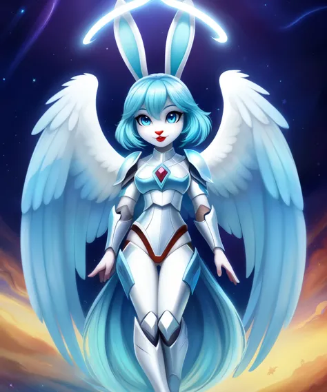 Andromeda the female lop rabbit angel, light cyan fur, halo, white soft wings, red shiny lipstick, aquamarine eyes, blue eye shadows, cyan hair, rabbit ears, guardian Angel armor, Disney cartoon style, full body