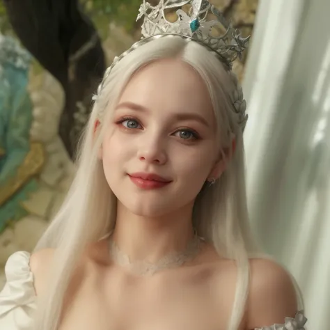 um close up de uma mulher usando uma coroa e um vestido, como uma fada, 4K HD. cabelo branco como a neve, loira, rainha branca, sorrindo como uma rainha, white queen, Ryujin, cabelos brancos, alice in Wonderland.