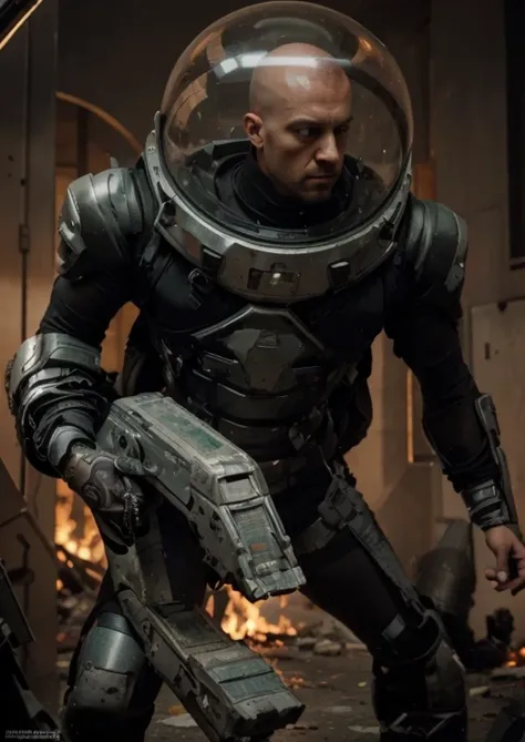 male soldier, ultra modern cybernetic full body heavy the suit has small red lights, black with red details, helmet in the shape of a green glass dome, inside the dome you can see a bald man, metal shoulder pads, metal wrist guards, fully cape broken, one ...