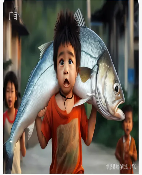 There was a little boy with a fish on his head, photo manipulation, fish face, has a big mouth, an Surreal photo, creative photo manipulation, extremely realistic photos, Surreal!!!, Very real photos, Surreal picture, 完美现实而又Surreal, Murloc, photo manipulat...