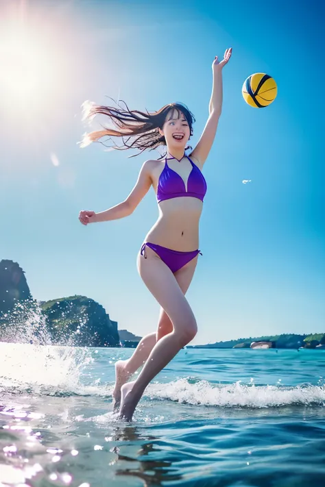 A neat and cute girl who looks like she&#39;s from Nogizaka 46 is sexy in a bikini swimsuit while soaking in seawater、Capture the moment when you catch someone throwing a beach ball up on the beach。The moment she throws the beach ball、Add movement and ener...