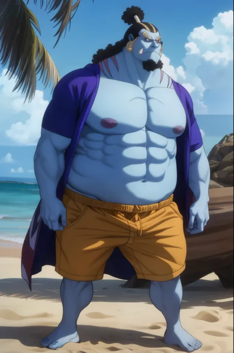 man (jinbei) standing in beach, beach, palm, muscle, realistic, 8k, masterpice, (shirtless, nude, topless. wearing shorts)