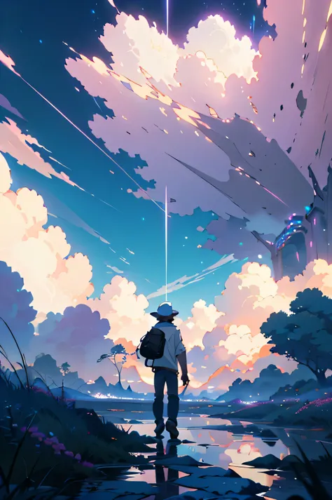 anime - A man hold his hat and look the sky, style scene of a beautiful sky with a blue sky and cloudy. by makoto shinkai, anime art wallpaper 4k, anime art wallpaper 4 k, anime art wallpaper 8 k, anime wallpaper 4k, anime wallpaper 4 k, 4k anime wallpaper...