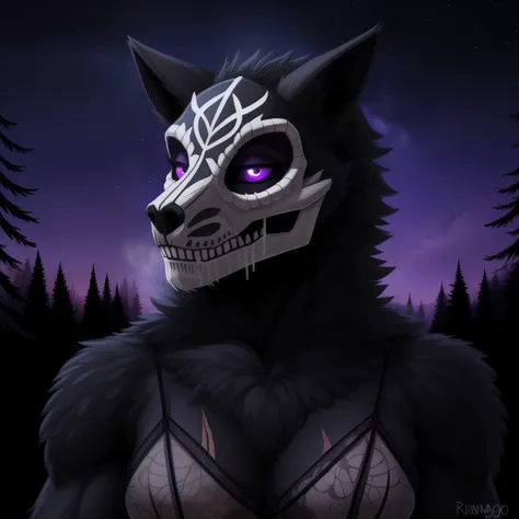 Tall_muscular_mature_werewolf female black_furry_body purple_eyes chest_tuft very_fluffy misty_breath snowy_forest starry_sky solo Masterpiece best_quality absurdres highly_detailed well_drawn_eyes anthro_only by_greasymojo by_runawaystride scars portrait ...