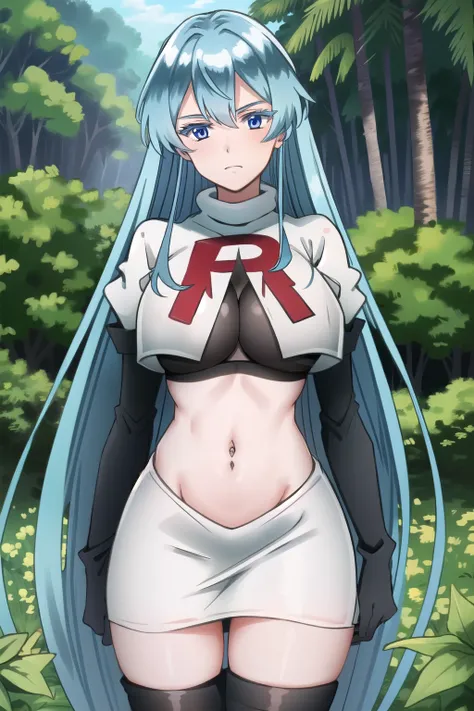 (extremely detailed CG unity 4k wallpaper),(masterpiece),(best quality),(ultra-detailed),(best illustration),(best shadow),(absurdres),(detailed background), Esdeath, 1girl, breasts, long hair, blue hair, blue eyes, large breasts, very long hair, nature, f...