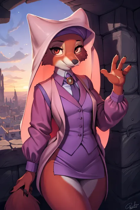 best quality, furry, anthro, animal nose,  maidmarian, smile, orange eyes, fox, waving, skirt suit, (((three-piece suit))), neck...