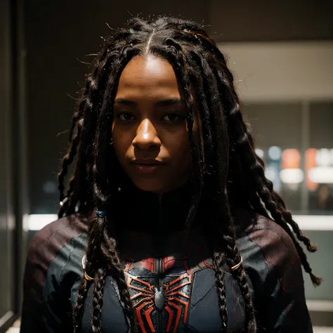 black girl with dreadlocks wearing a black and res spiderman suit