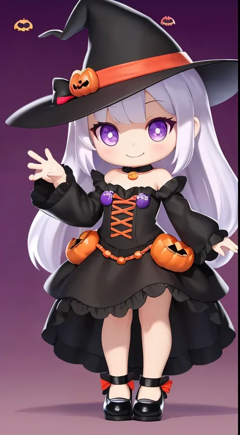 Cute Halloween Theme、full body Esbian、Eye Up、A smile、 wave her hand、Glamorous Hat、Halloween Accessories、Draw clothes buttons and pockets in a Halloween style、Cute shoes、breasts are large