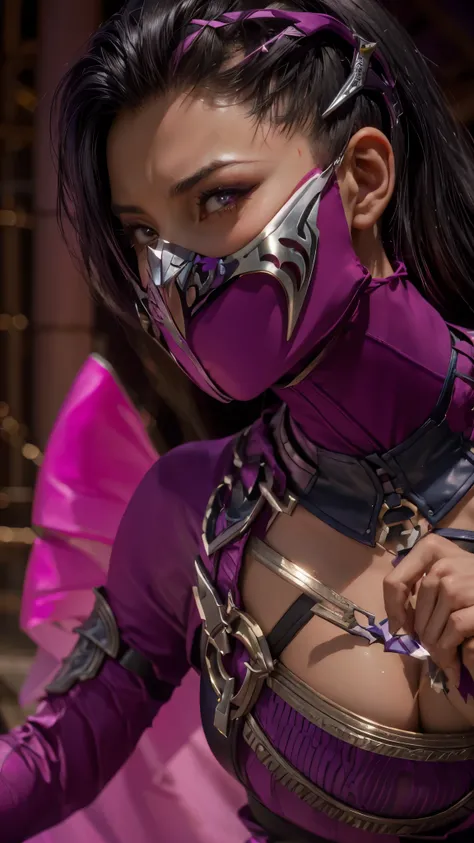 araffe woman in purple outfit with a mask and scissors, fuchsia skin beneath the armor, mortal kombat 11, fuchsia skin below the armor, sharp silver armor fuchsia skin, 8k octae render photo, juri han from street fighter, smooth fuschia skin, mk ninja, 8k ...