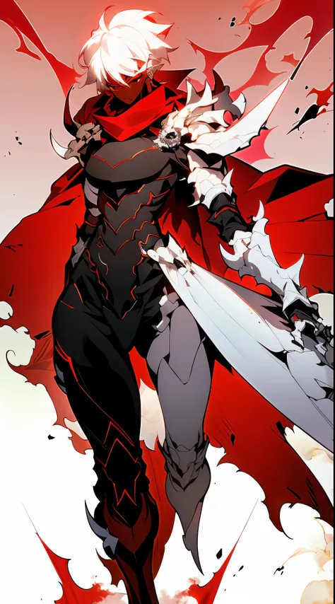 darkskin woman in fantasy clothes, white short hair in a ponytail, red eyes, torn red scarf, white and black armor, skull-shaped...