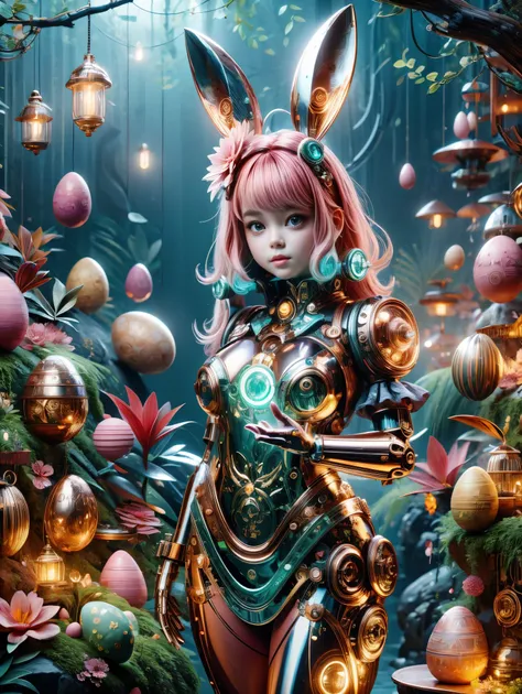 1 cute girl，Its body is made of fine metal parts。Eyes are like two shining gems，Transparent glow，Under the illumination of neon lights，Create a sparkling effect together with high-precision mechanical components。Surrounded by exotic plants and Easter eggs，...