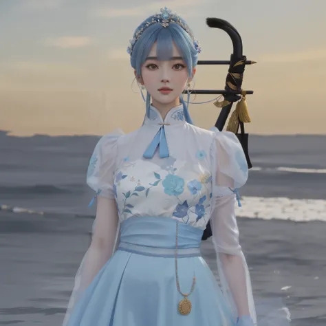 il y a une femme en robe bleue tenant un pistolet, lunar themed outfit, tenue fantastique, inspired by Leng Mei, inspired by Ma Yuanyu, xianxia complet du corps, inspiré de Lan Ying, lineage revolution style 2, reine de la mer Mu Yanling, the smiling godde...