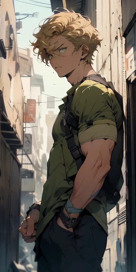 anime sketch, impressively detailed sketch, one man, (((detailed short blonde hair, detailed olive green eyes, Russian))), toned muscular body, modern casual clothing, apocalyptic world, vivid colors, concept artists lighting, focus to torso, raised eyebro...