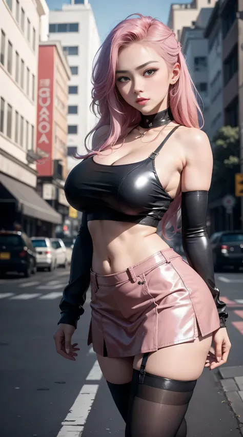 sfw, anime girl with short pink leather skirt and high heels posing for a photo, hands behind back, a hyperrealistic painting inspired by Vincent Lefevre, trend in CGsociety, fantastic realism, thighs and skirt, tights; on the street, view from the ground,...