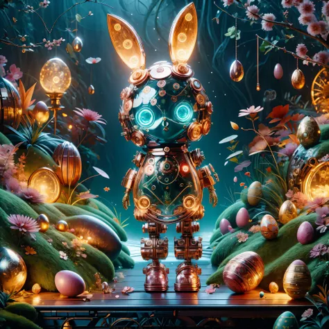 1 cute girl,Its body is made of fine metal parts。Eyes are like two shining gems,Transparent glow,Under the illumination of neon lights,Create a sparkling effect together with high-precision mechanical components。Surrounded by exotic plants and Easter eggs,...
