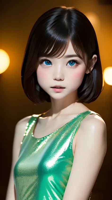 RAW shooting、Photoreal、Masseter muscle part、one girl、baby face、very cute、Slender and beautiful、((small breasts:1.2))、realistic eyes、eyes are realistic、Realistic and carefully drawn eyes、charming eyes、platinum blonde hair、short bob、choken sequin dress、Champ...