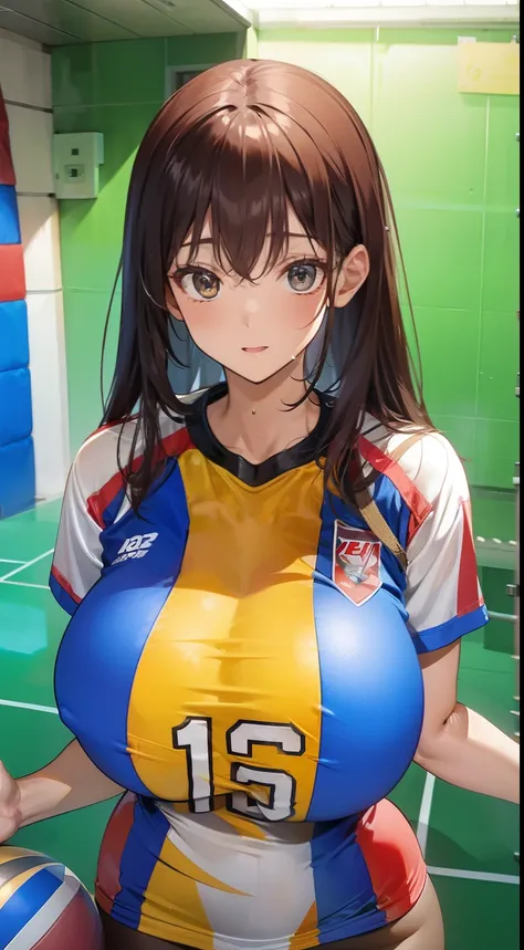 a woman with silky hair, big breasts, soft breasts, super big big breasts, shiny nipples
wet
wear a volleyball jersey