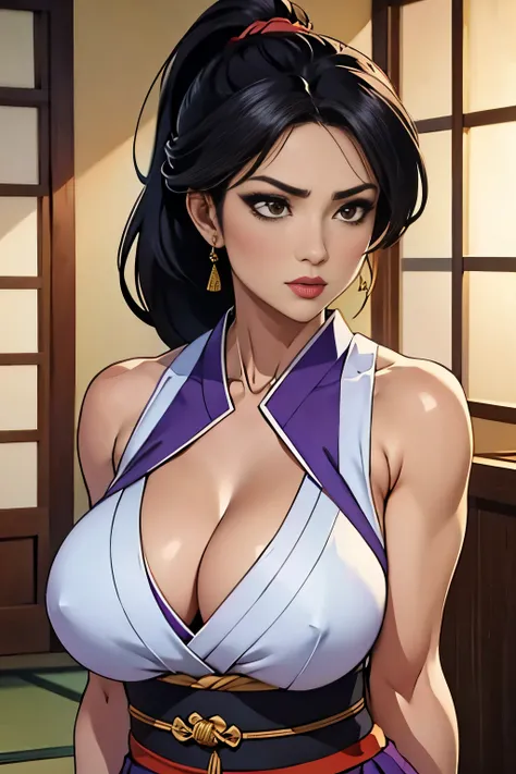 SumieV1,masterpiece,best quality, highres,absurdres, intricate details,highly detailed skin, solo, mature female, black hair, ponytail, bangs, sidelocks, large breasts, brown eyes, purple top, japanese clothes, cleavage, ninja, sleeveless, sandals, sash, w...