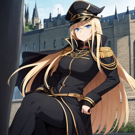 A woman with long blonde hair, blue eyes, wearing a black Prussian uniform with gold details, wearing a black military hat with gold details, a black cape, outside a large castle.
